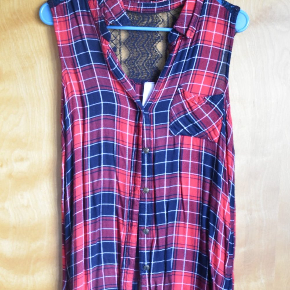 Black, White and Red Button up shirt with lace and slit on the back.